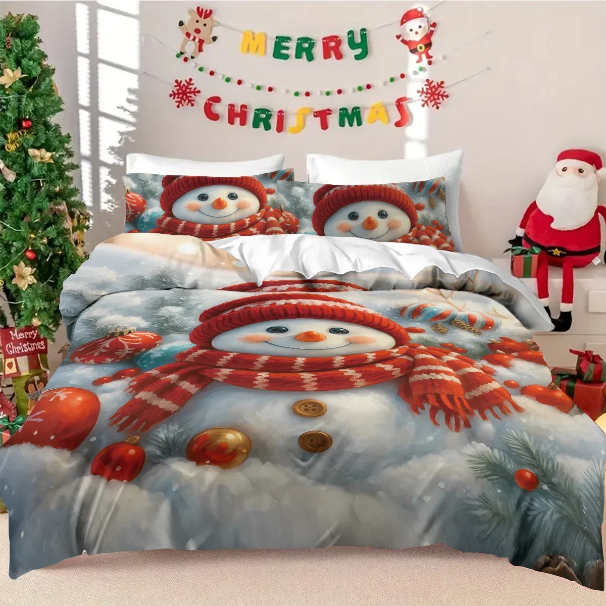 3pcs Cartoon Santa Claus Print Coreless Duvet Set Multi Size Bedroom Dormitory Bedding Decoration Comfortable Machine Washable