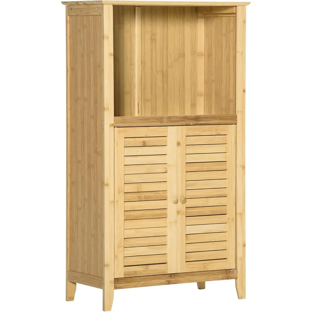 

Bamboo Floor Cabinet Bathroom Floor Cabinet Living Room Organizer Tower with Multiple Shelves and Doors, Natural