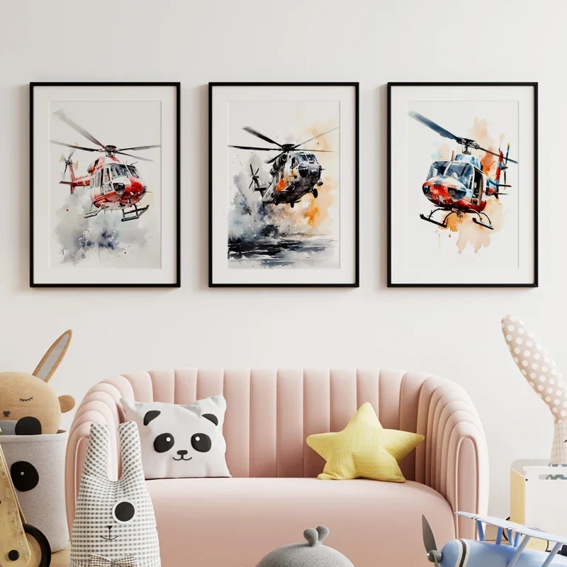 Aviation Helicopter Aircraft Wall Art Canvas - Boys Children's Nordic Poster Printable Picture Decor for Baby Kids Playroom
