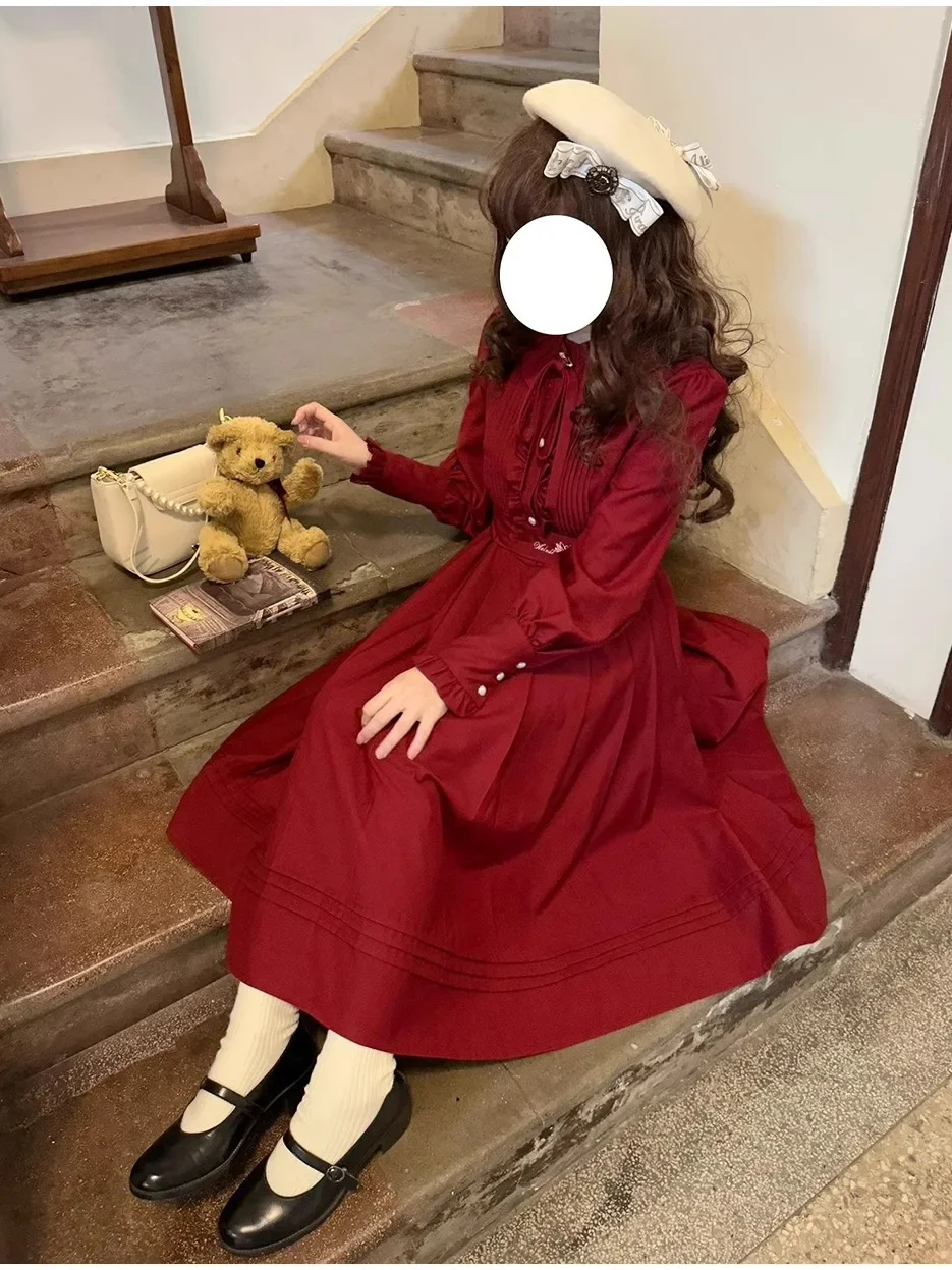 Japonês retro elegante babados gola boneca manga longa cintura alta bordado rendas magro a linha lolita vestido longo feminino primavera