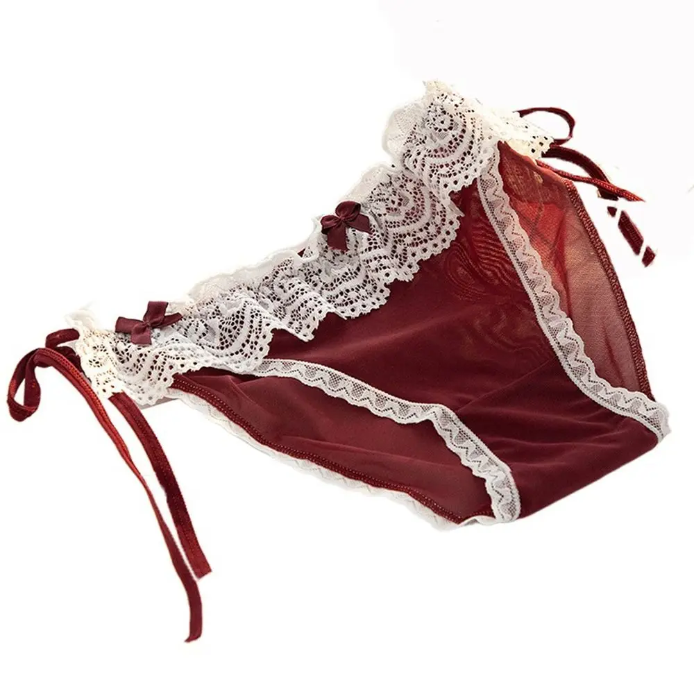 Sweet Cute Ruffles Lace Cotton Crotch Solid Color Mesh For Female Female Lingeries Middle Waist Thong Wine Red Panties Briefs