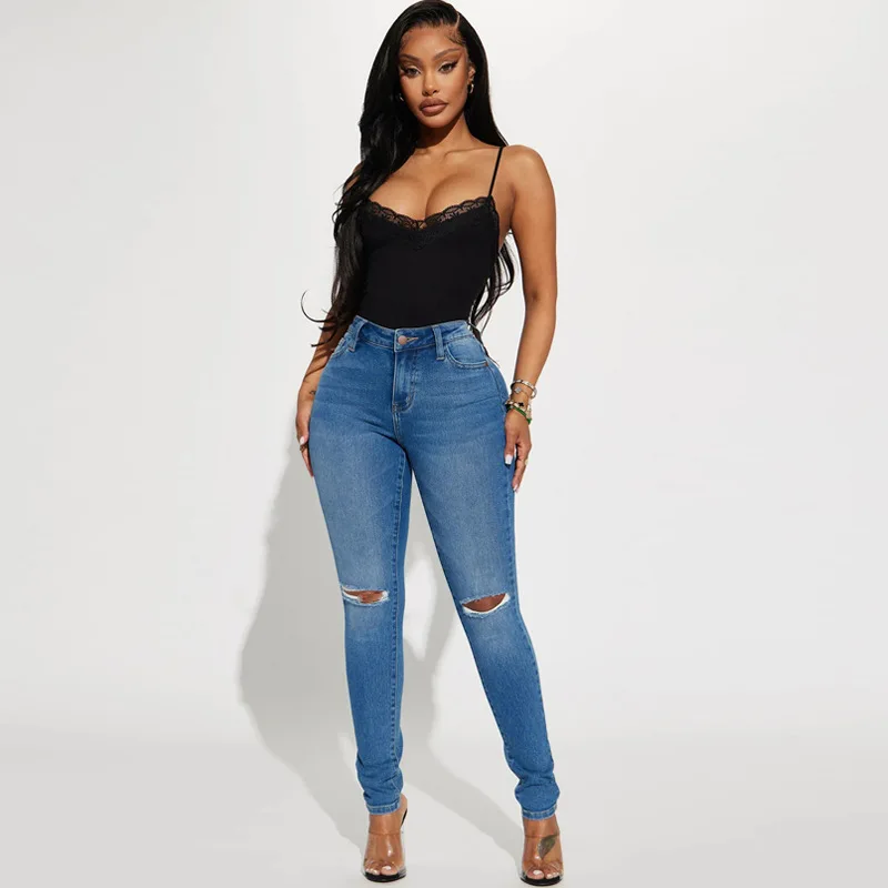 Women Ripped Holes Jeans Washing Denim Pockets Sexy Sheath High Waist Slim Fit Zipper Fly Ankle Length Basics Pencil Pants 2024