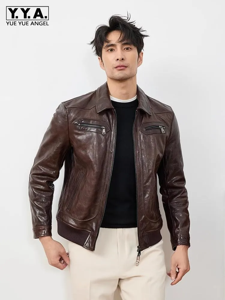 

Итальянский дизайнер, мужская деловая рабочая куртка из натуральной козьей кожи, приталенная винтажная куртка, короткая стильная мотоциклетная байкерская куртка из натуральной кожи