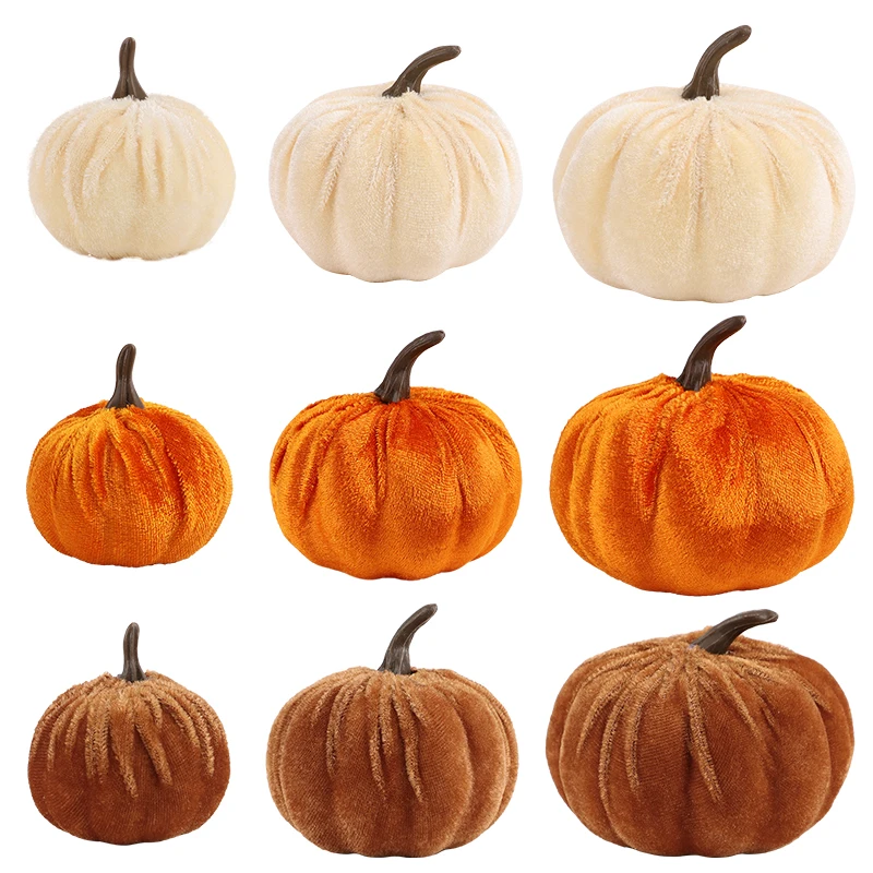 9Pcs Velvet Artificial Pumpkin Decor Pumpkin Ornament Thanksgiving Festival Halloween Decoration For Home