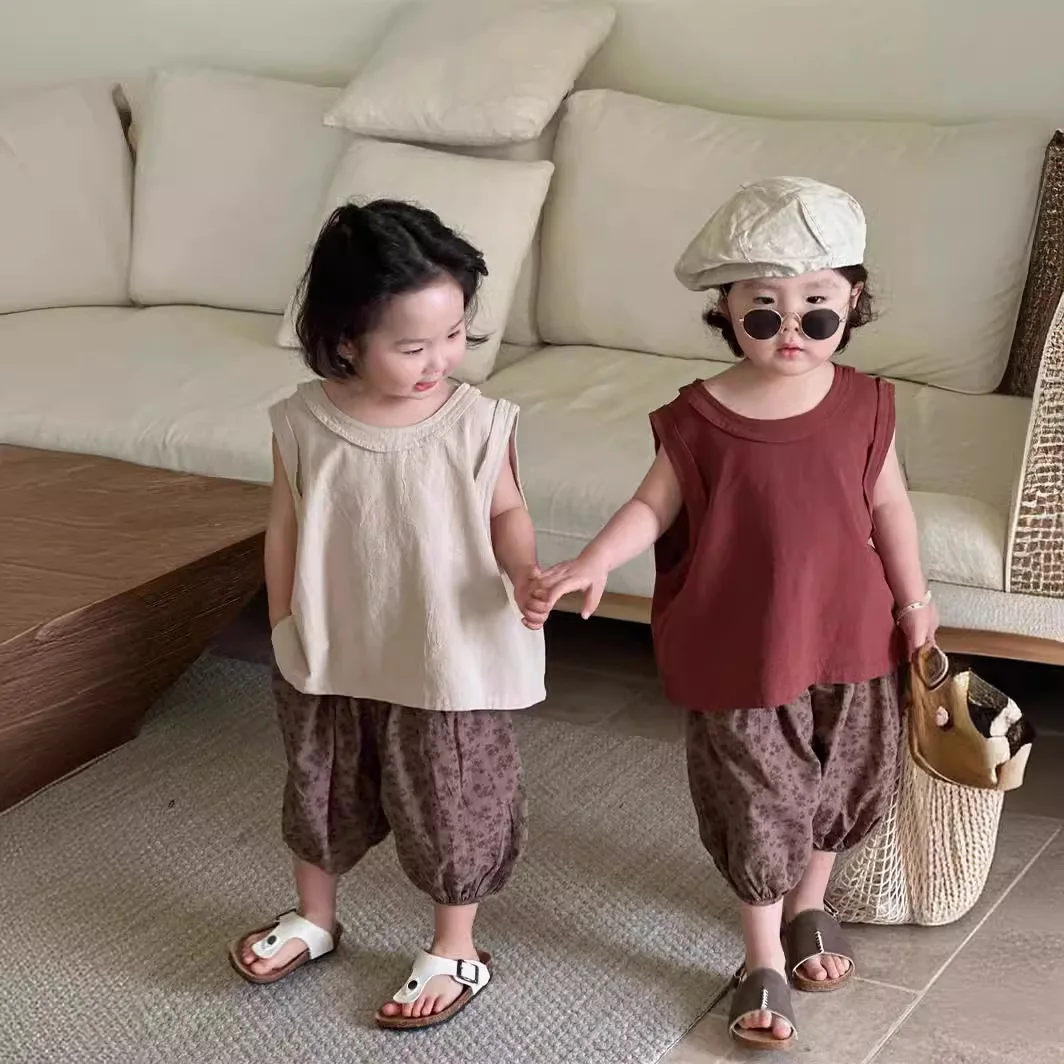 الصيف شقيق شقيقة نظرة الكورية الشاش الصلبة طفل الفتيات أكمام بدلة علوية الأزهار المطبوعة اقتصاص السراويل الزي الأشقاء الملابس #1