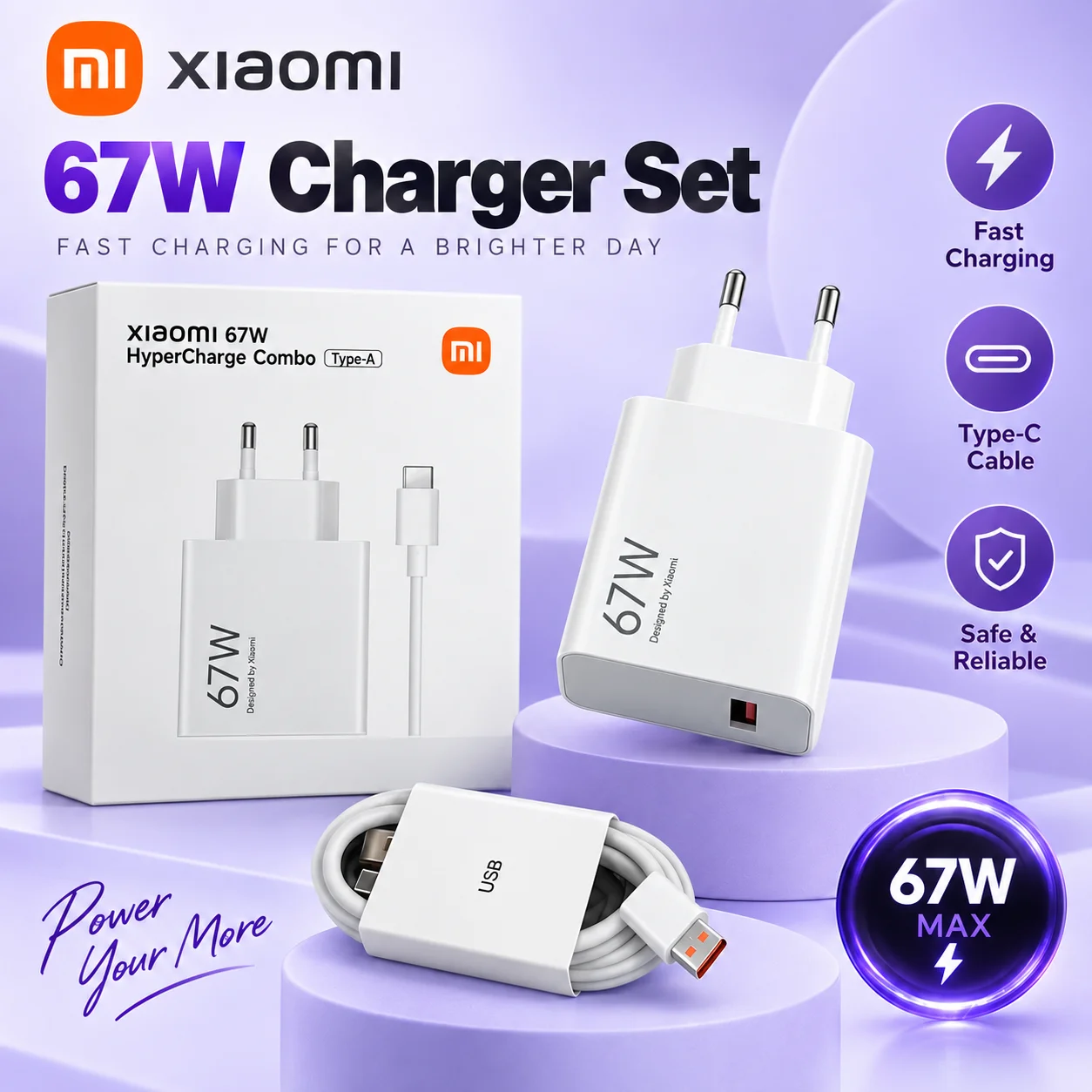 Xiaomi 67W HyperCharge Charger EU Power Adapter with 1M 6A USB to Type C Cable Fast Charging for Redmi POCO Mi Phones