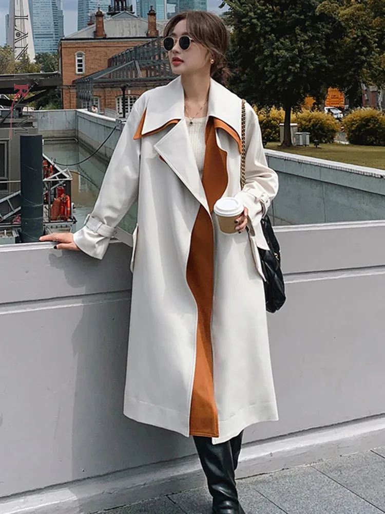 

LANMREM Korean Style Contrast Color Trench Women Lapel Belt Gathered Waist Long Windbreaker 2023 Autumn New Clothing 2AA2494