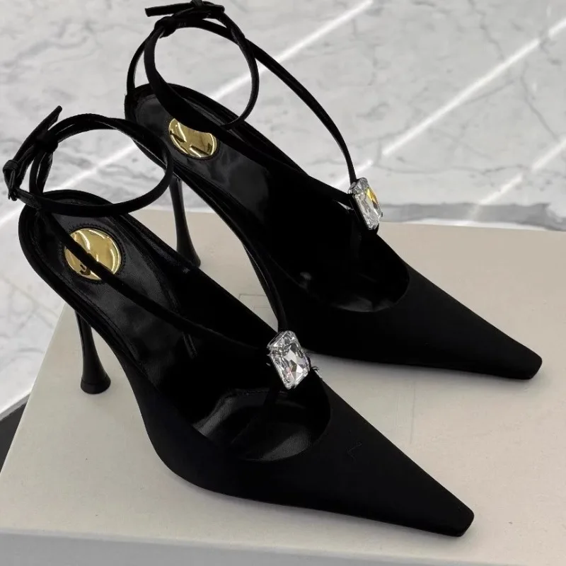 

High Heels New Spring Temperament Small Square Toe Crystal Buckle Straight Strap Stiletto Wrapped Head Sandals