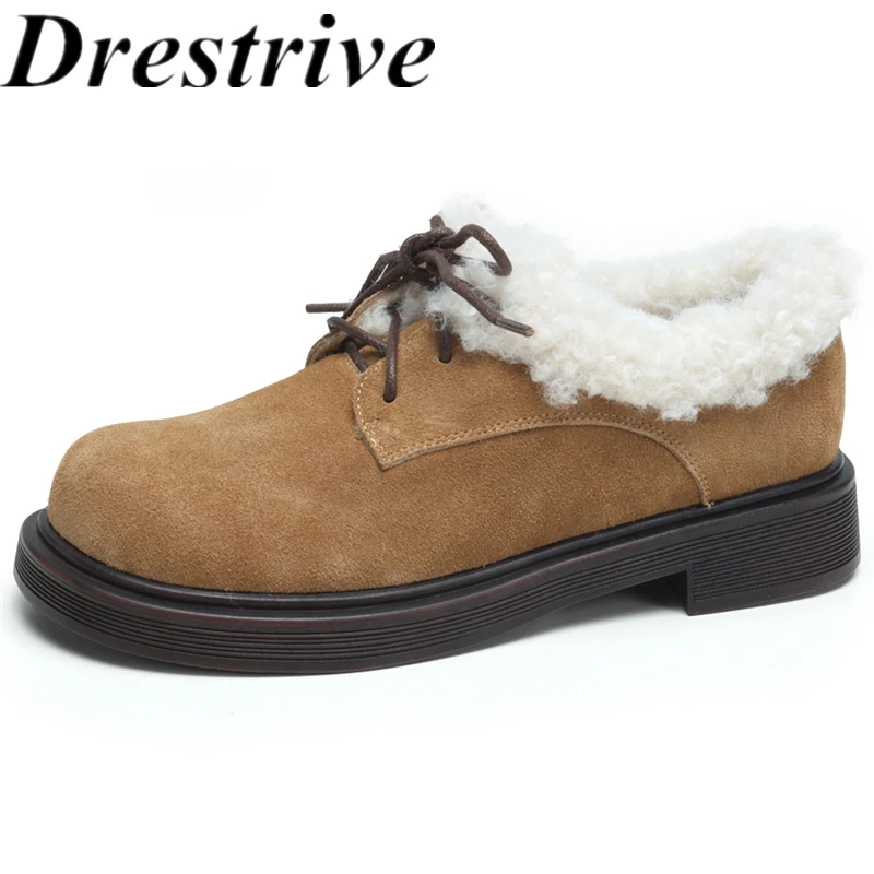Drestrive 2026 Sweet Loafers Cow Suede Round Toe Fur Thick Low Heels Lace Up Handmade Women's Pumps Winter Shoes
