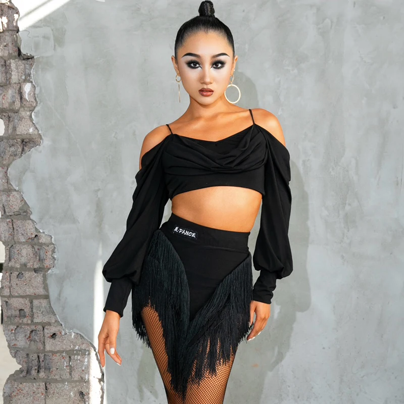 Sexy Latin Dance CLothes Women Practice Wear Loose Black Tops Fringe Skirt Cha Cha Rumba Samba Dress Performance Costume BL19089