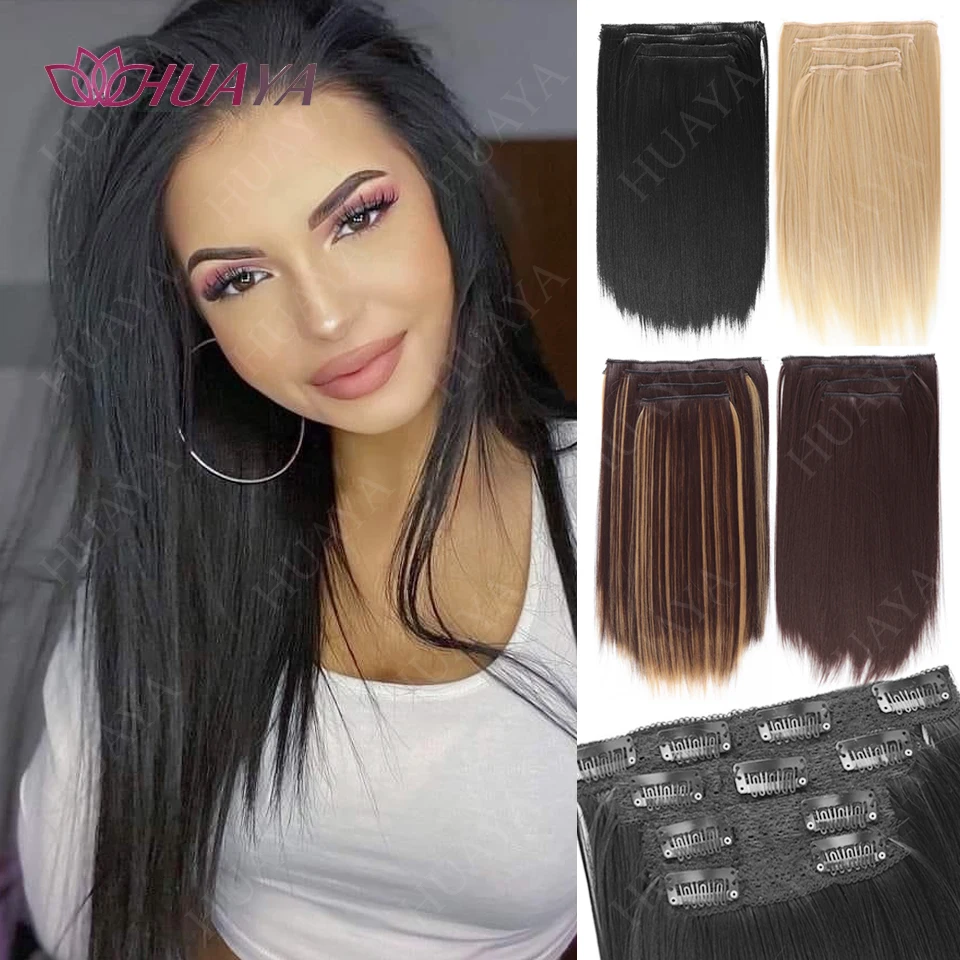 

Накладные волосы на клипсах, 11 зажимов, 14 дюймов, 4 шт., комплект, черные длинные прямые волосы для наращивания для женщин, синтетические волосы для наращивания, шиньон