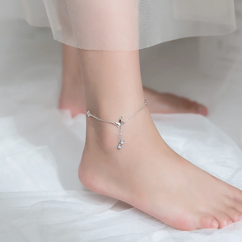 Modian Radiant Zircon Cute Butterfly Tassel Luxury Anklet for Women   925 Sterling Silver Adjustable Anklet Insect Fine Jewelry