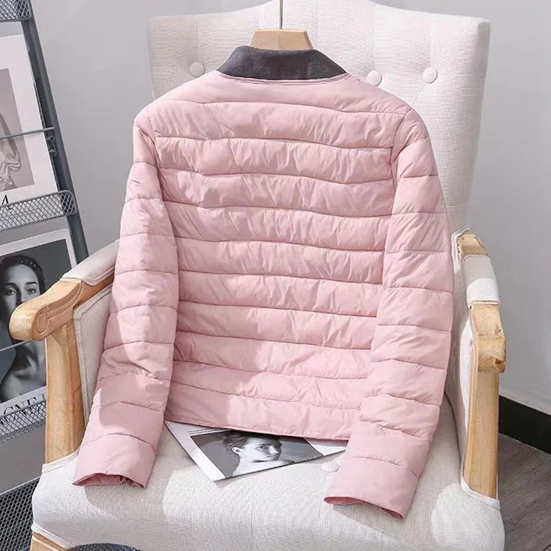 2024 New Winter Women Down Cotton Jackets Collarless Button Light Weight Warm Coat O-Neck Bottom Liner Female Fluffy Parkas