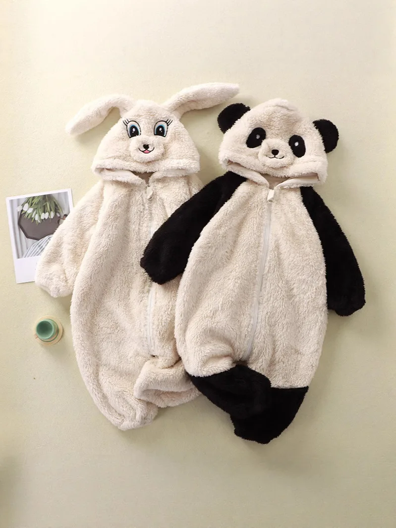 0-24 Months Baby Cartoon Bunny Panda Plush Onesie Infant Cute Warm Clothing Children's One-Piece Pajamas