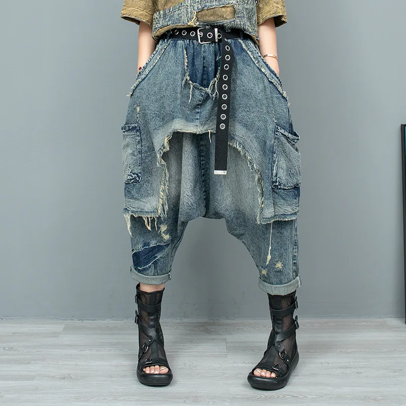 

Baggy Hippie Low Crotch Jeans Personality Loose Casual Denim Trousers Elastic Waist Boho Harem Splice Cross-Pants