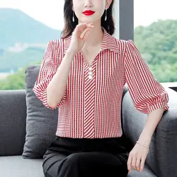 2023 New Summer Elegant Fashion Commuting Simple V-neck Panel Button Stripe Print Casual Loose Versatile Three Quarter Shirt