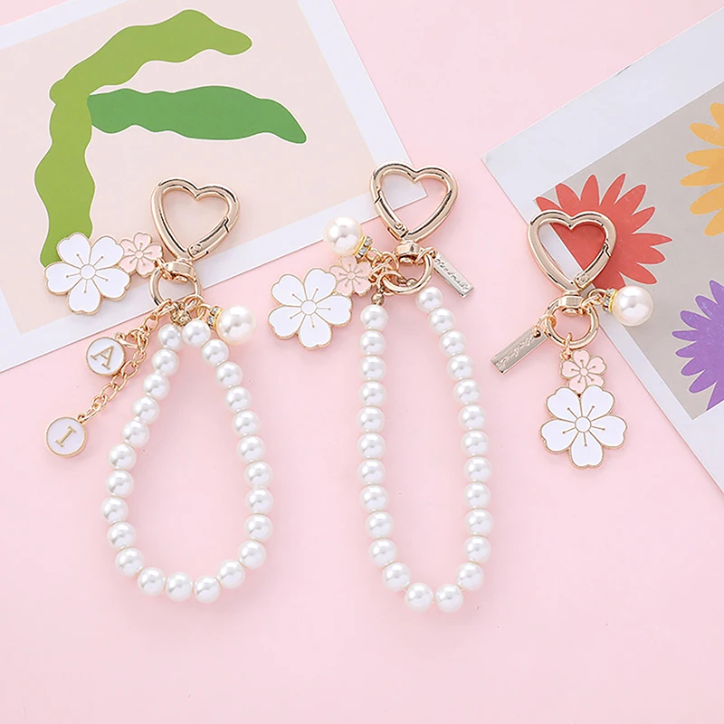 Sweet Pink Cherry Blossoms Key Chain Rabbit Phone Pendant Pearl Letter Car Key Ring Headphone Case Charms Bag Decor Accessories