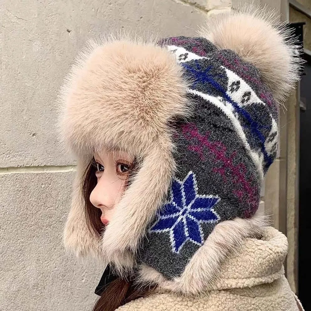 Thickened Material Winter Trapper Hat Geometric Pattern Aesthetic Style Faux Fur Earflap Lightweight Durable Ear Protection