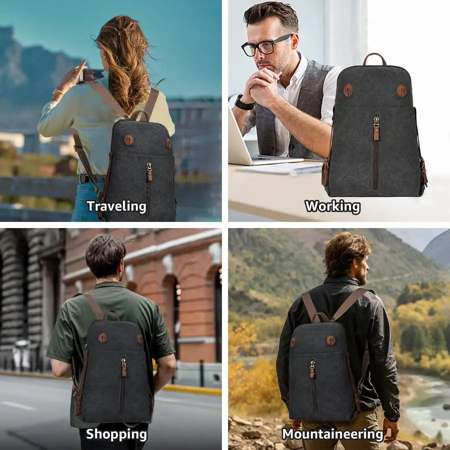 حقيبة ظهر قماشية كلاسيكية للرجال والنساء، حقيبة ظهر للكمبيوتر المحمول، حقيبة ظهر للسفر في الهواء الطلق، أسود #5