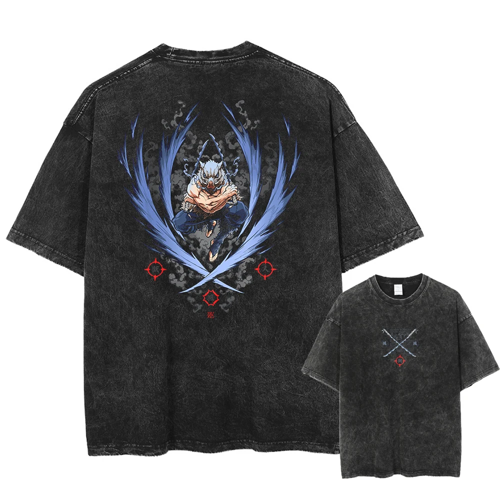 Sommer Gewaschen Vintage T Shirts Mann Dämon Slayer Anime Print Harajuku Oansatz Übergroßen Kurzarm T-shirts Unisex Streetwear Top