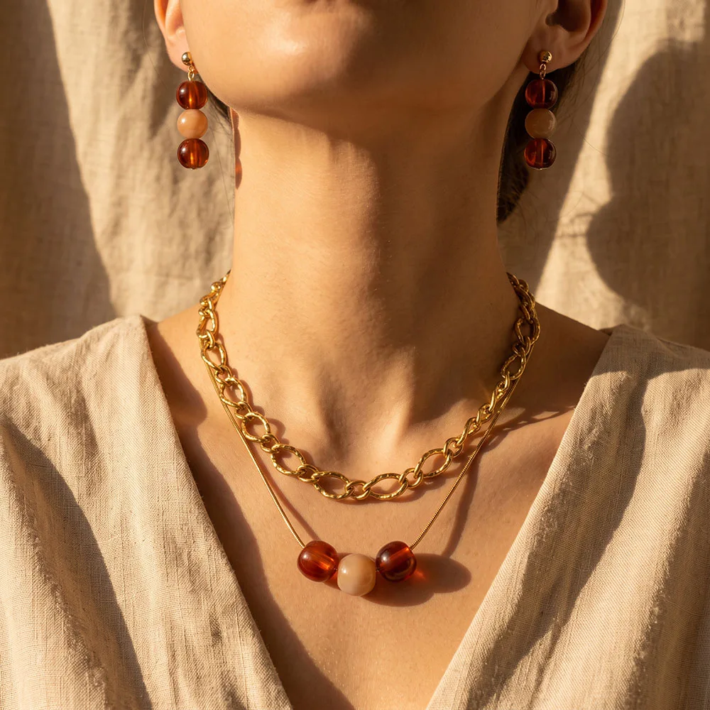 Chunky Bead Layered Necklace for Women Gold Amber Agate Brown Vintage Statement Textured Stainless Steel Waterproof Jewelry Gift