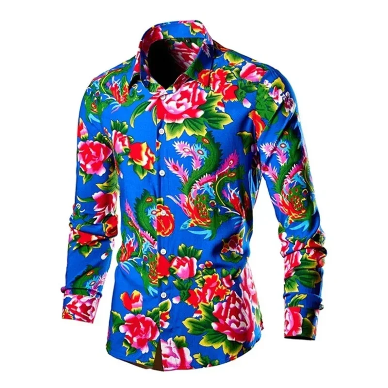 2025 New Men's Printed Long Sleeve Shirt, Single Breasted Lapel Shirt, Green, Black, White, Casual Shirt Asia Size S-5XL