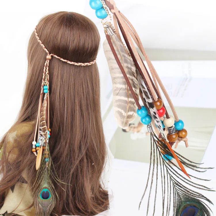 The Indian white Feather Headband Headdress Hair Rope Headwear Tribal Hippie Handmade Hair Accessories for Women