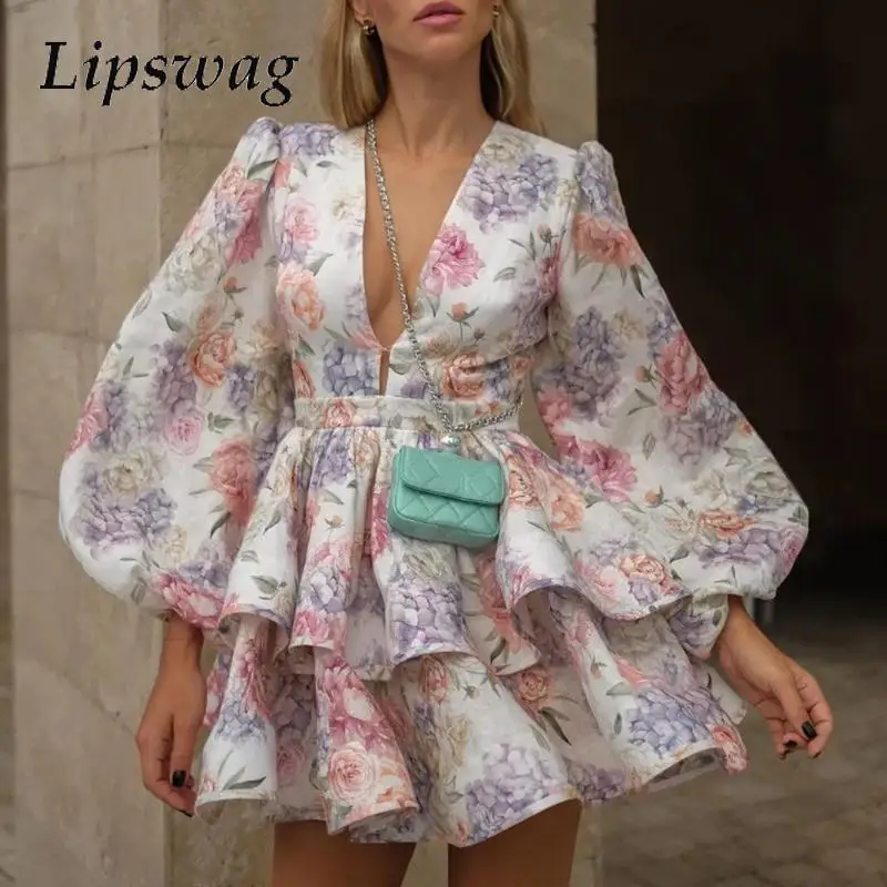 

Retro Pattern Print Waist Ruffle A-Line Dress Lady Elegant V-neck Button Mini Party Dress Casual Long Sleeve Pleat Evening Dress