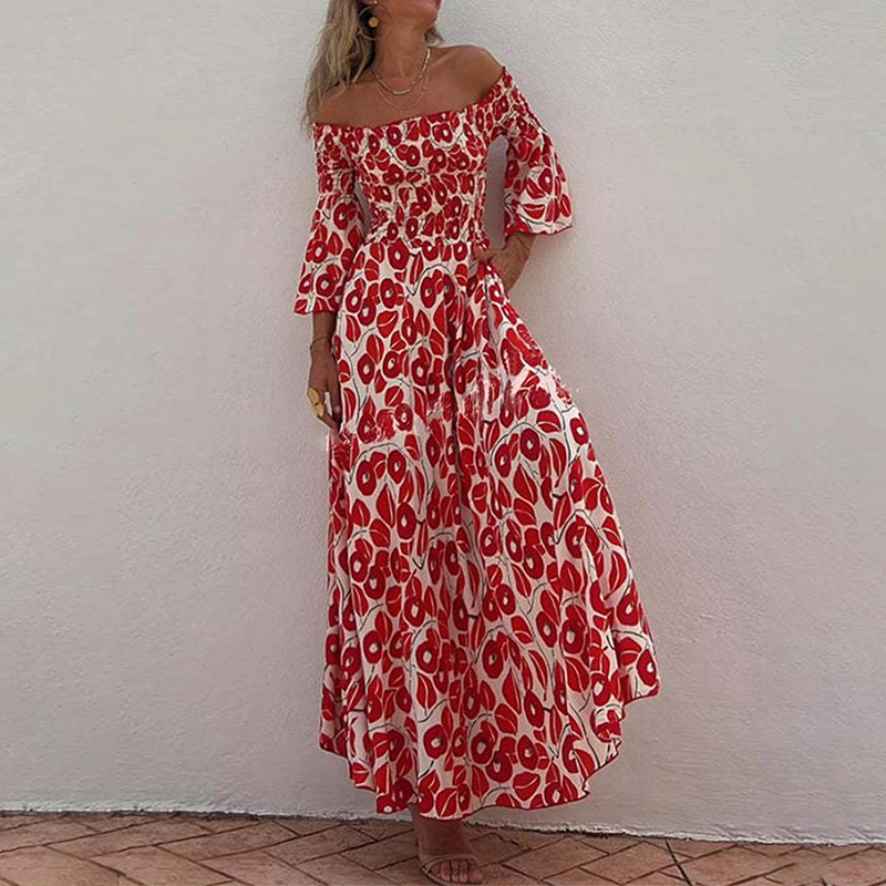 

Chic Printed Slash Neck Red Maxi Dress Women Summer Stylish Off Shoulder Flared Sleeve Robe Holiday Folds Waist Tight Slim Dress