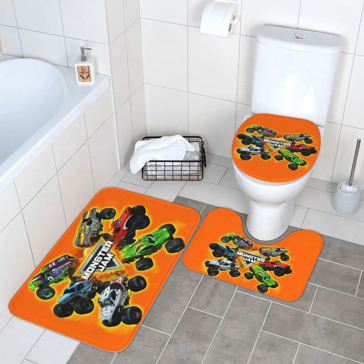 

Classic Monster Jam Truck Pattern 3 Piece Bath Mat Bathroom Set Toilet Lid Cover Home Decor Non-Slip Carpet Floor Rug