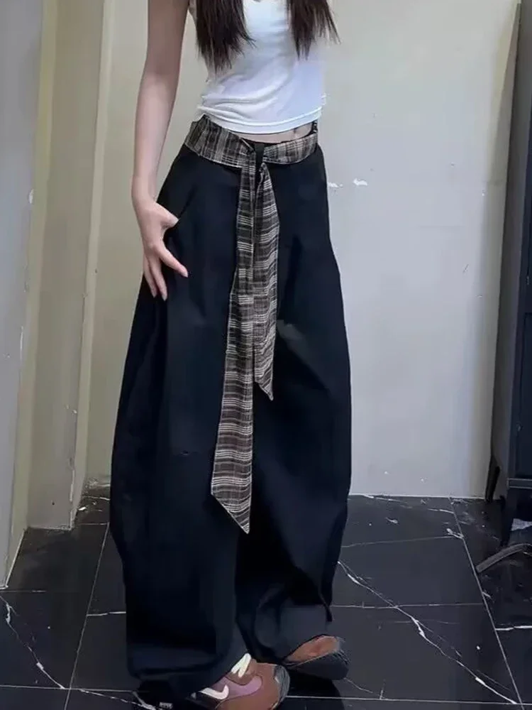 

Y2K Streetwear Cargo Pants Women Casual Plaid Patchwork Sashes Wide Leg Pants Fashion Design Scimitar Loose Lady Dance Trousers