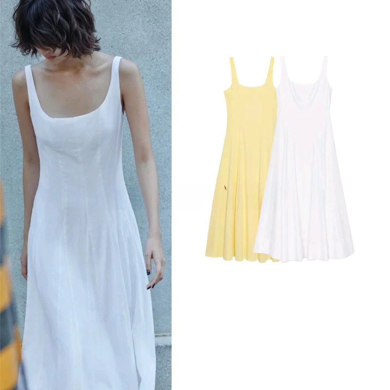 فستان صيفي جديد بتصميم بسيط وياقة مربعة من قماش مختلط بحمالة رقبة وطول متوسط للسيدات مصنوع من ألياف البوليستر