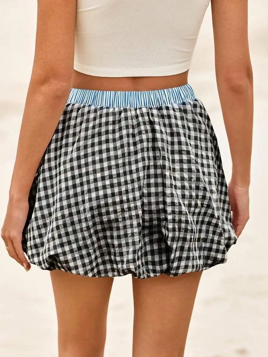 

Womens Plaid Striped Bubble Skort With Elastic Waist And Built-In Shorts