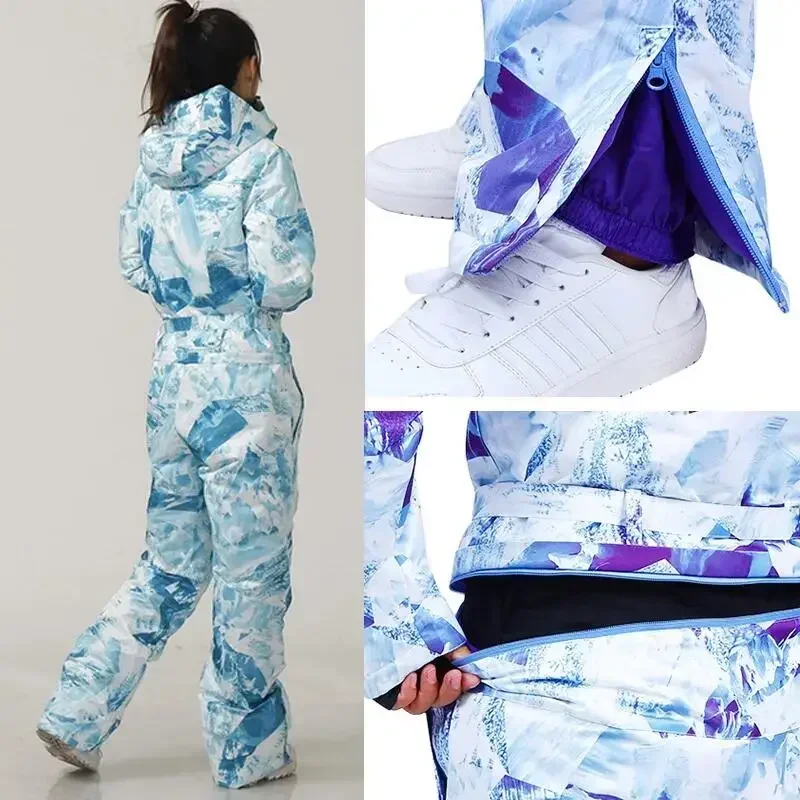 2025 einteiliger Ski anzug Winter Frauen Sport wasserdichte Outdoor-Overalls Snowboard Frau Schnee overall warme Kapuzen kleidung