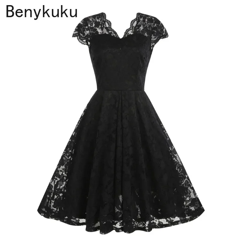 

Black Lace V-Neck Cap Sleeve Vintage Pleated Dresses 2024 Summer Women Clothes Elegant Formal Occasion Swing Dress Mujer