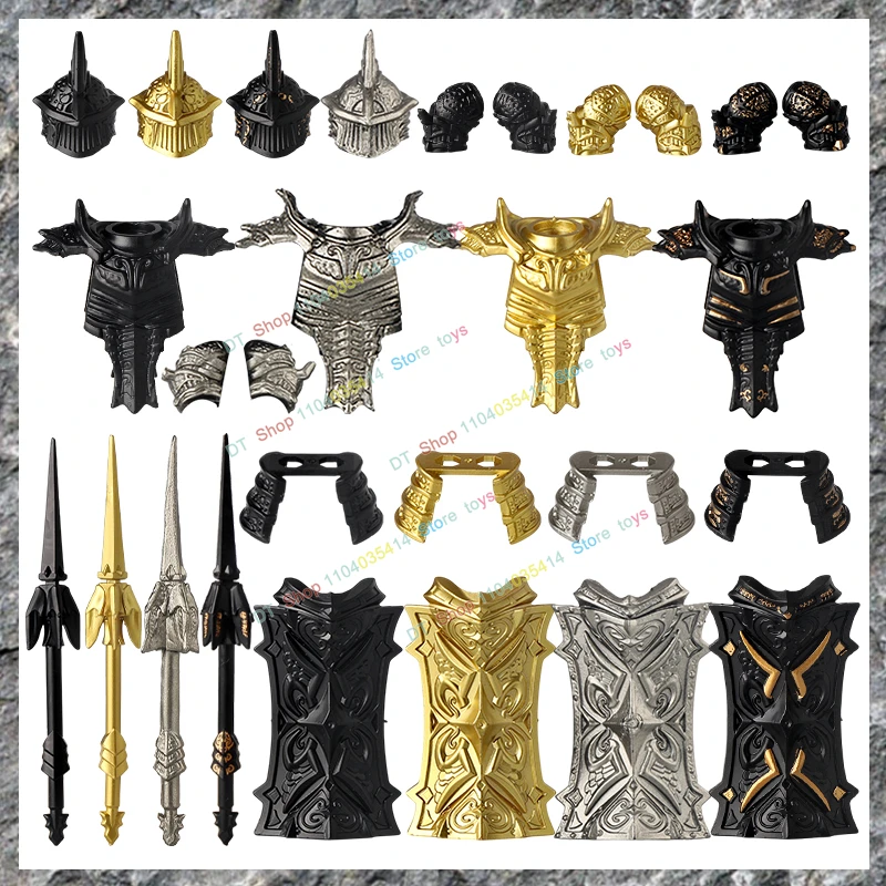 

Z7722 3 комплекта, средневековые черные золотые рыцари, фигурки демонов, башня, строительные блоки, аксессуары, щиты, копье, детская игрушка