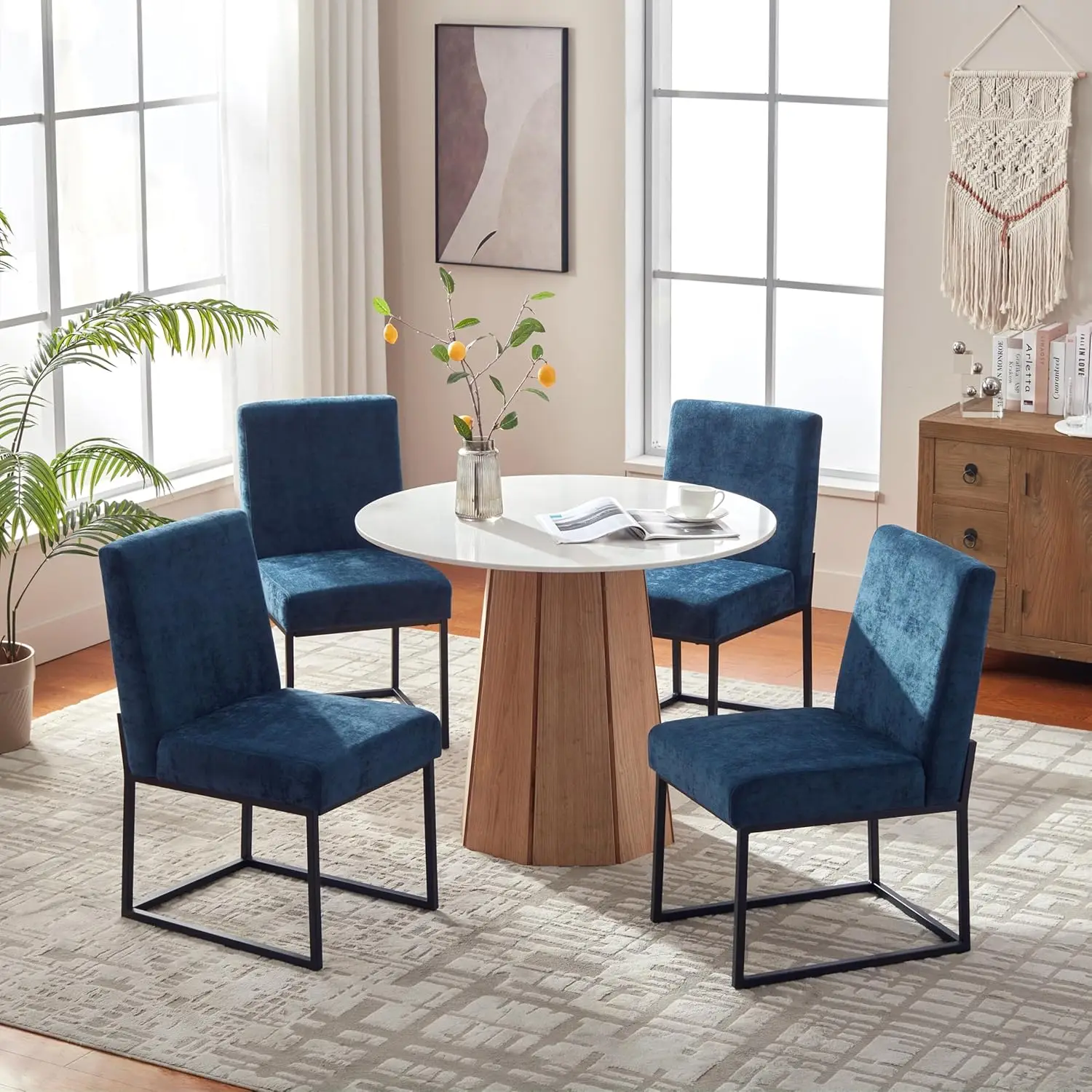 مجموعة كراسي طعام منجدة مكونة من 4 قطع، كراسي غرفة طعام حديثة، كرسي مطبخ كتان مع قاعدة معدنية سوداء لـ #5