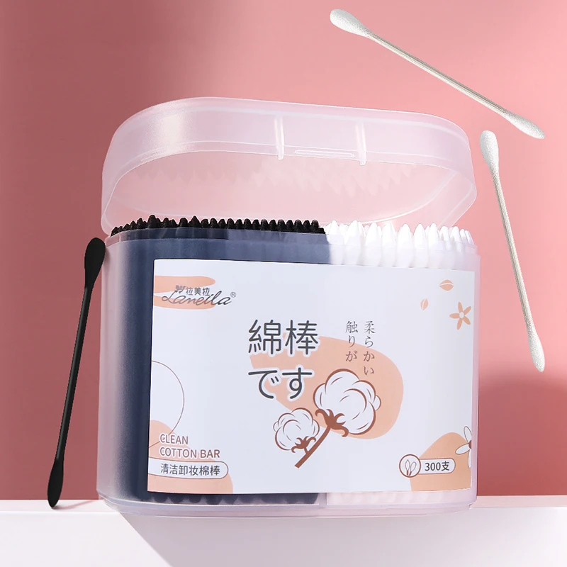 300Pcs/Box Double-ended Cotton Swabs Black And White Dual Color Cosmetic Cotton Swabs