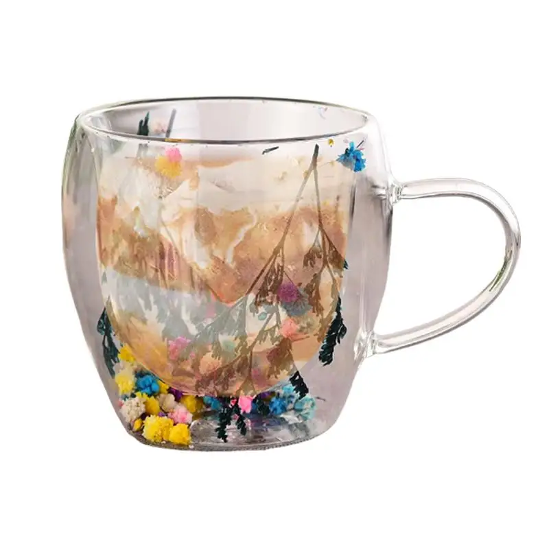 Aesthetic Dried Flowers Cups Clear Coffee Glass Mugs With Handle Creative Insulated Heat Resistant Glass Mug For Adults All Ages