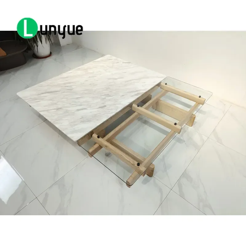 Nordic Style Marble Glass Top Wooden Coffee Table Set Modern Living Room Furniture Durable Solid Wood Base Elegant Design