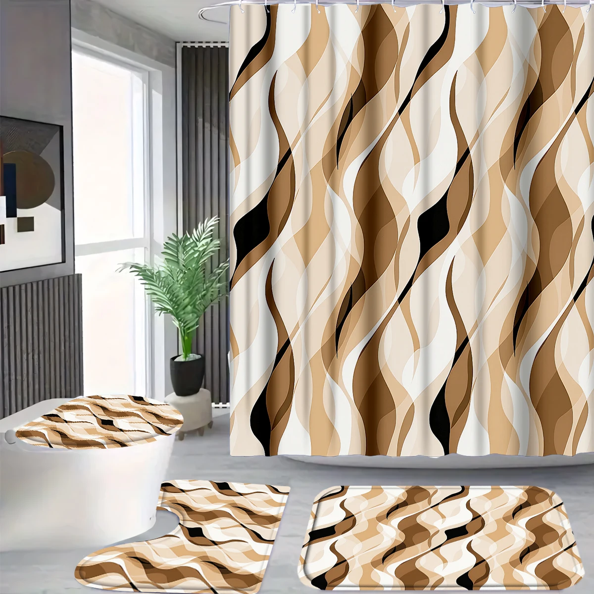 

4Pcs Brown Abstract Wave Shower Curtain Set with Hooks, Neutral Modern Geometric Print Waterproof Mildew Resistant Fabric Bath Mat for Family Bathroom Home Decor