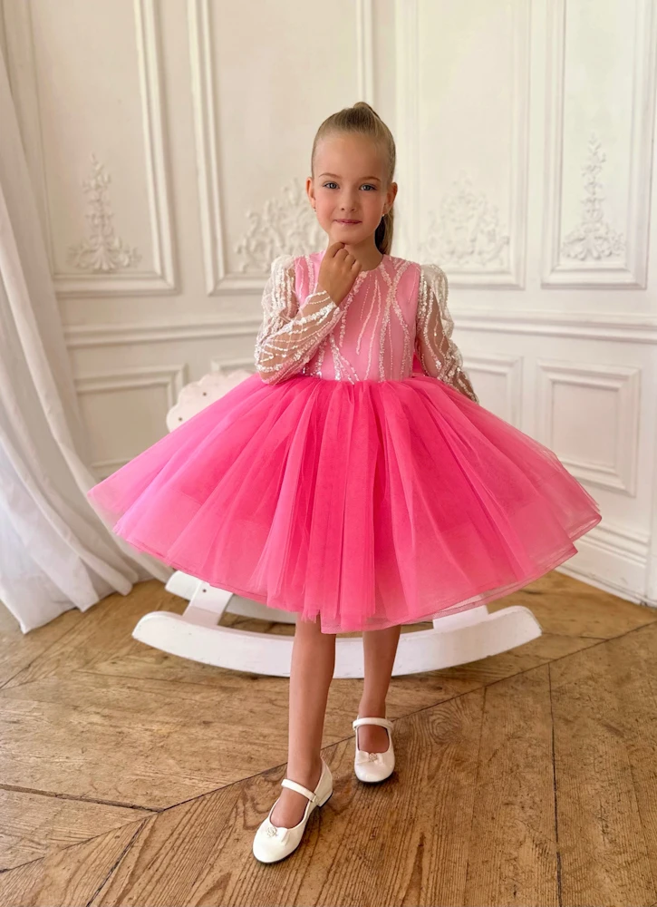 SoDigne A-line Tulle Flower Girl Dress O-neck Full Sleeves Sequined Flowers Skirt Girls Party Dresses 2025 Kid Gown Customized