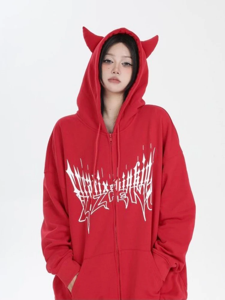 Japanese Zip Up Devil Horns Hoodies Women Harajuku Punk Gothic Sweatshirt Fairy Grunge Jacket Coat Streetwear Alt Emo Clothes