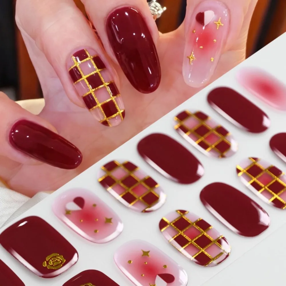 16tips Gold Red Plaid Nail Gel Polish Strips Full Nail Wraps 3D Star Flower Baking-Free Nail Decals Red Polish Gel Nail Strips