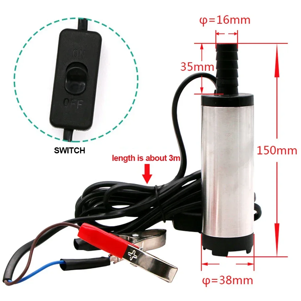 Электрический Топливный трансферный насос 12 В/24 В 38 мм, погружной насос для заправки воды и масла с зажимами или прикуривателем, дизельный водяной насос