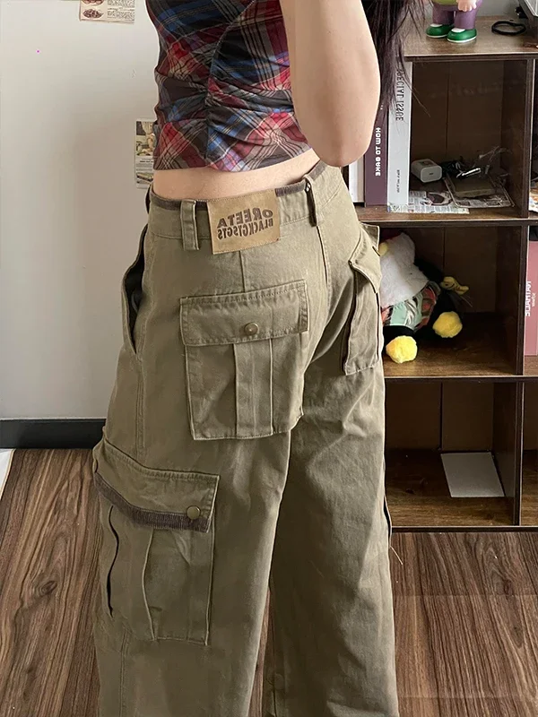 

Women Retro American Khaki Work Pants High Waist Wide Leg Trousers Loose Straight Fit Casual Streetwear with