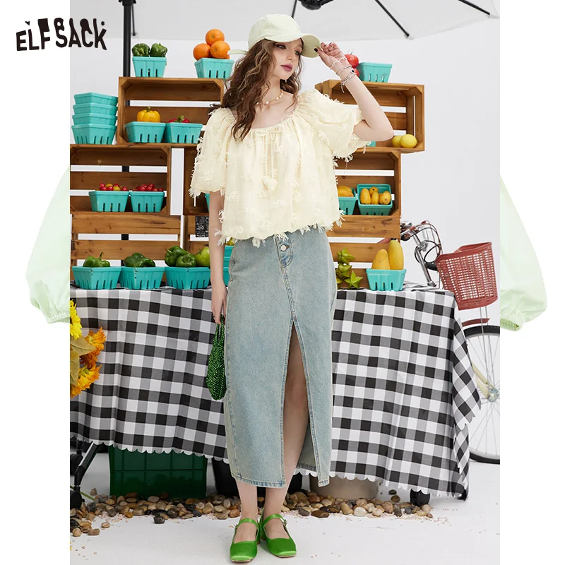 ELFSACK 2024 summer new arrival picnic travel vacation holiday soft comfortable fitted French Sweet off-shoulder Lace Chiffon Sh