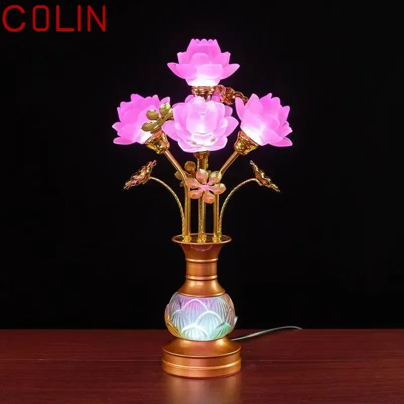 COLIN Colored LED Lotus Table Lamp For Buddha Household Buddha Hall Glass Temple Worship Buddha Front