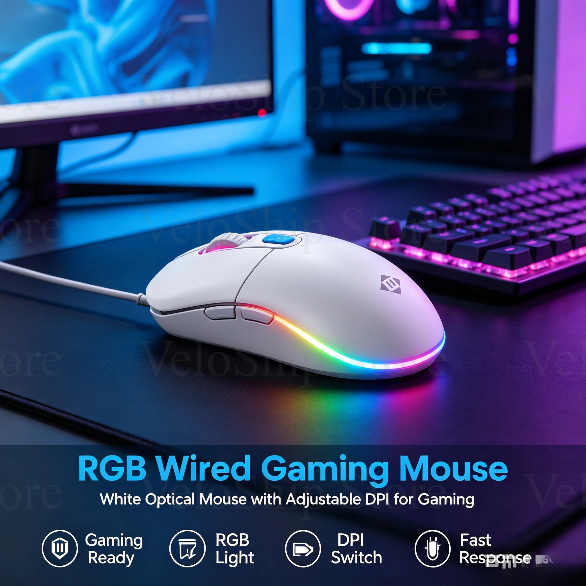 Ratón USB RGB con cable, DPI ajustable de 800 a 1600, iluminación con degradado de 7 colores, ratón óptico para ordenador, ideal para el