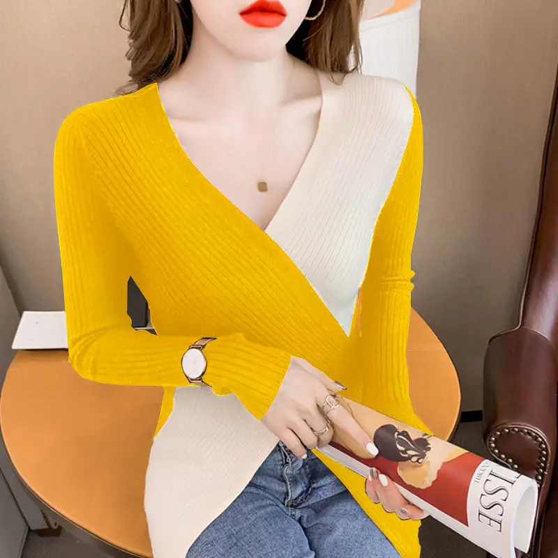 Fashion V-Neck Knitted Spliced Loose Irregular Sweater Women\'s Clothing 2022 Autumn New All-match Casual Pullovers CommuteTops